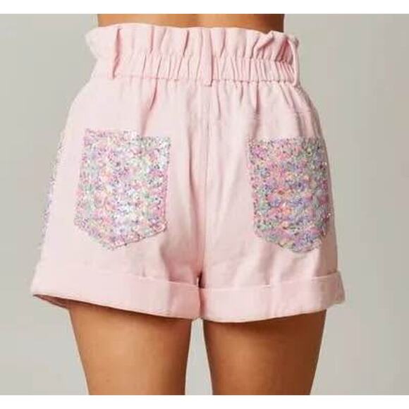 Fantastic Fawn Women’s Large Pink Sequin Color Block Paper Bag Denim Shorts - Picture 3 of 8